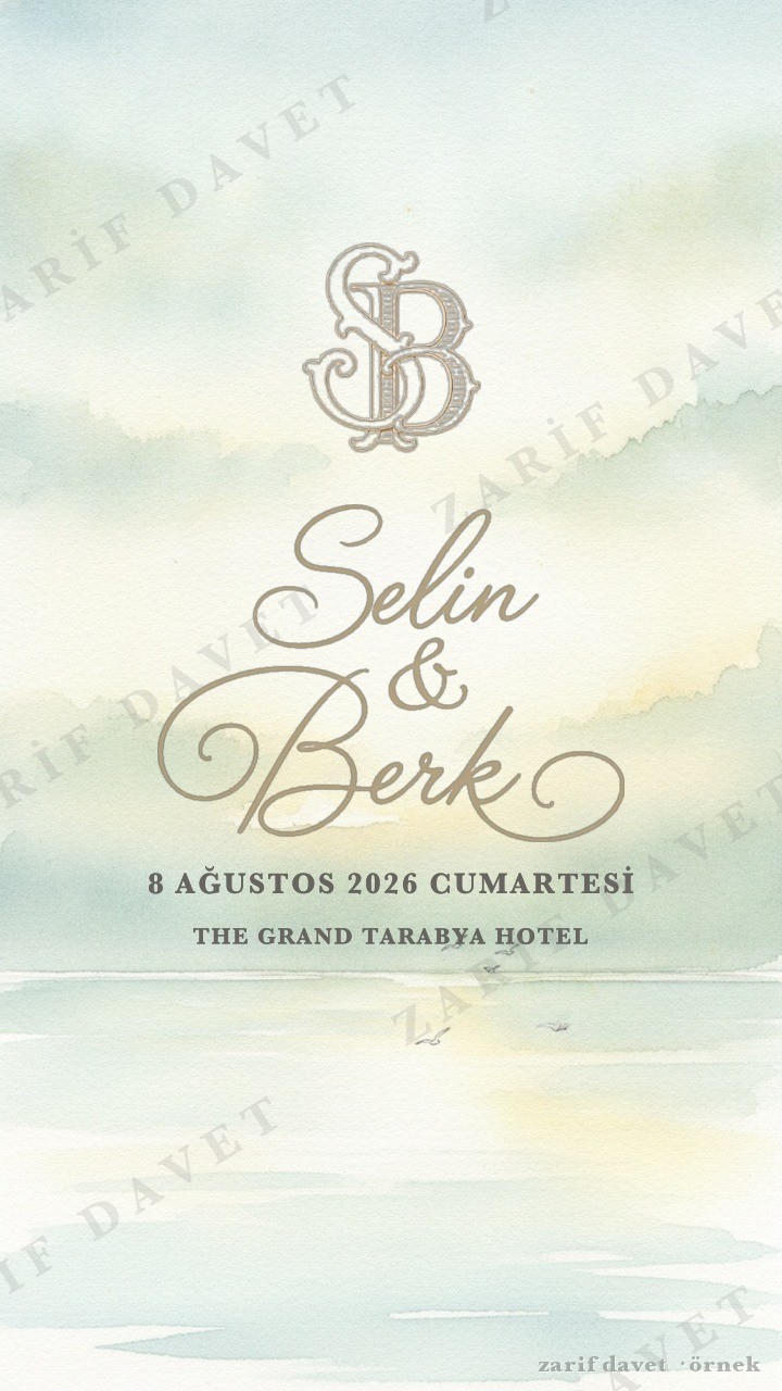 Boğaz Suluboya konseptinde statik davetiye örneği — Selin ve Berk