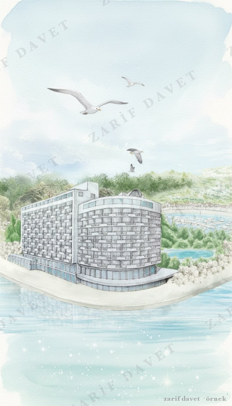 Kıyıda ışıldayan otel, suluboya sahne